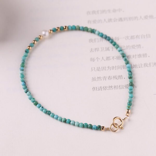 Fine 2mm natural raw stone unoptimized small turquoise bracelet for women single circle hand beads 14k gold cultural play autumn pearl