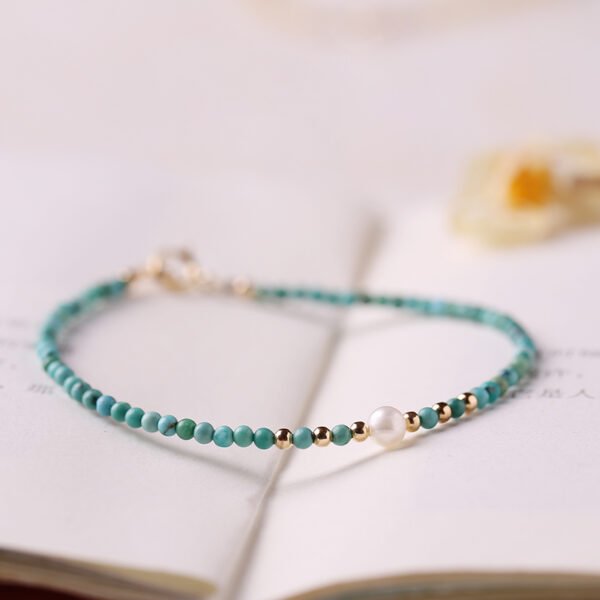 Fine 2mm natural raw stone unoptimized small turquoise bracelet for women single circle hand beads 14k gold cultural play autumn pearl